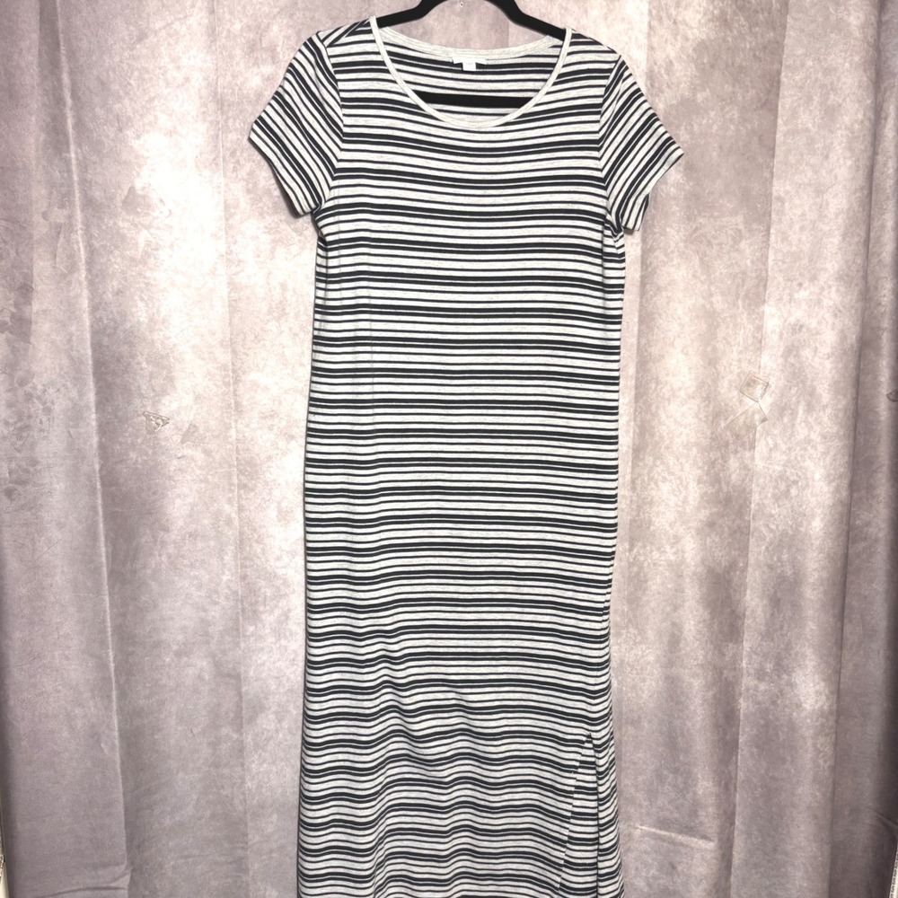 J.Jill Striped Maxi T-Shirt Dress Womens Size Small Grey Navy Casual Coastal